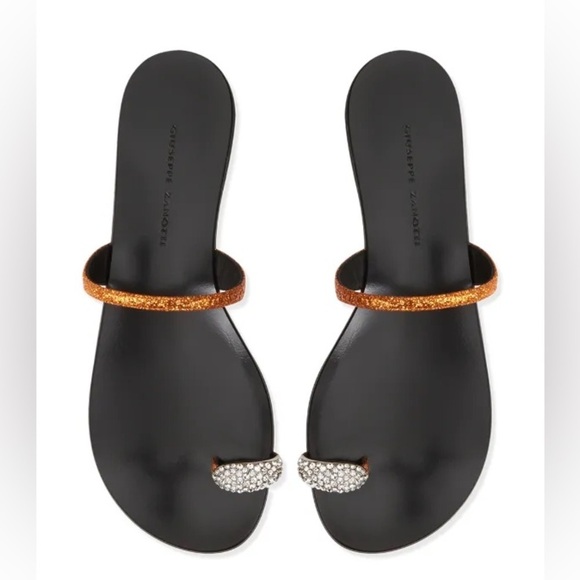 Giuseppe Zanotti Shoes - Giuseppe Zanotti  Orange Glitter Leather stone embellished Toe Ring Sandals 38.5